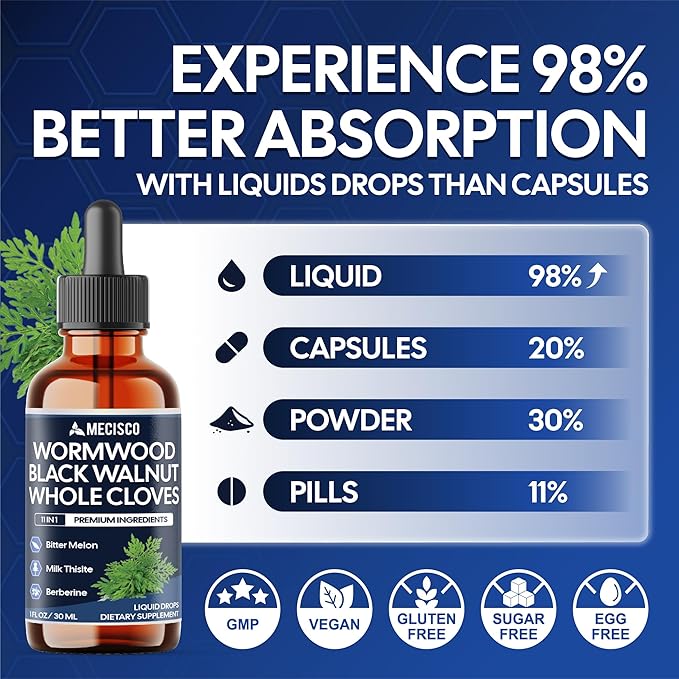 Wormwood Liquid Drops. Combined to Black Walnut, Whole Cloves, Berberine, Milk Thislte, Bitter Melon and 5 More Herbs. 11-in-1 Wormwood Liquid Drops - 60 Days Supply