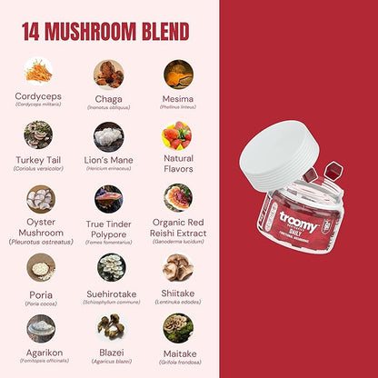 Troomy Daily 14 Mushroom Blend Gummies - Great Tasting Natural Mango Strawberry Flavor, Gelatin-Free, Gluten-Free, Vegetarian - 60 Count