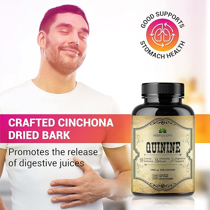 Quinine Capsules - Cinchona Officinalis Bark Herbal Supplement for Muscle, Cramp Defense and Overall Digestive Health - All-Natural Quinine Sulfate Pills, 500mg per Capsule, 100 Tablets