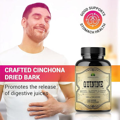 Quinine Capsules - Cinchona Officinalis Bark Herbal Supplement for Muscle, Cramp Defense and Overall Digestive Health - All-Natural Quinine Sulfate Pills, 500mg per Capsule, 100 Tablets