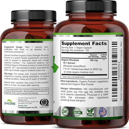 Zazzee USDA Organic Rhodiola 10:1 Exract, 3000 mg Strength, 120 Capsules, 4 Month Supply, Standardized and Concentrated 10X Extract, 100% Vegetarian, Extra Strength, All-Natural and Non-GMO