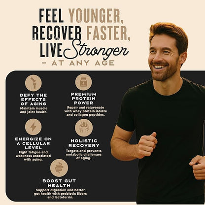 WILD SOCIETY Longevity Shake - Anti Aging Supplement - Protein Powder for Muscle Retention & Recovery, with Whey Isolate, Collagen & Creatine | Cacao Royale, 15 Servings