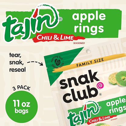 Snak Club Tajin Apple Rings Gummy Candy, Fruit Candy Gummies with Chili and Lime Seasoning, Mild, Gluten-Free and Vegan Snacks, 11 oz Resealable Bags, 3 Pack