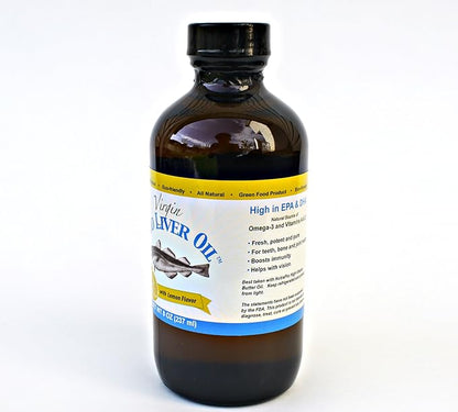 Virgin Cod Liver Oil - 8 Fl oz Natural, Wild Caught & Fresh Tasting,.High in Vitamin D, Omega 3 DHA/EPA (Lemon Flavored)