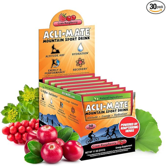 Acli-Mate Mountain Sport Drink Mix - Energy Powder Supplement - High Altitude Acclimatization Hydration - Recovery Drink for Running, Cycling, Hiking, Workout, Travel & More (30 CT, CranRaspeberry)