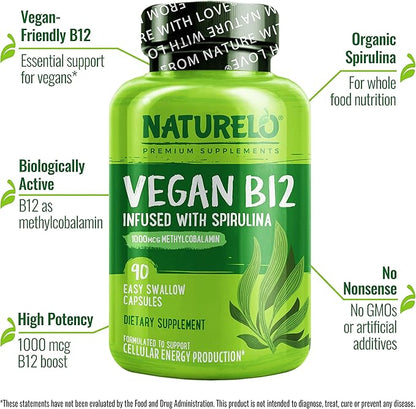 NATURELO Vegan B12 - Methyl B12 with Organic Spirulina - High Potency Vitamin B12 1000 mcg Methylcobalamin - Supports Healthy Mood, Energy, Heart & Eye Health - 90 Capsules (Pack of 2)