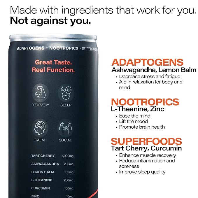 Peak Cocktails Non-Alcoholic Cocktail | Adaptogens, Nootropics, Superfoods for Recovery, Calm, Sleep | Ashwagandha, Tart Cherry, L-Theanine | Mixologist-crafted | Blood Orange Spritz | 8.4 oz, 12-Pack