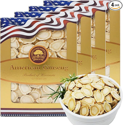 1 LB American Ginseng Slices from Wisconsin, American Wisconsin Ginseng Slices Root for Tea, Energy for Men Women Health Boosts Immunity,多年生長 大园切片 花旗參/西洋參, Lager Round Strip 4 Box of 4OZ