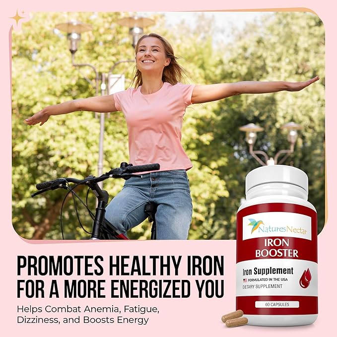 Nature's Nectar Blood Builder Iron Supplement for Men & Women – Slow Release Non-Constipating Iron Capsules with Vitamin B-12, Folic Acid & Vitamin C – Supports Red Blood Cell Production 60 Capsules