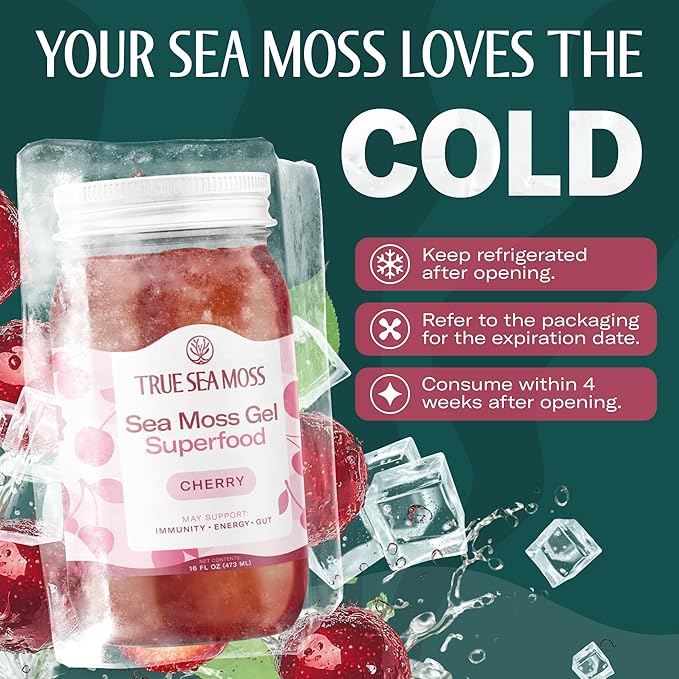 TrueSeaMoss Sea Moss Gel – Made in USA – Wildcrafted Seamoss, Fresh Fruits & Sea Vegetables – Cherry, Pack of 1 (Labels may Vary)