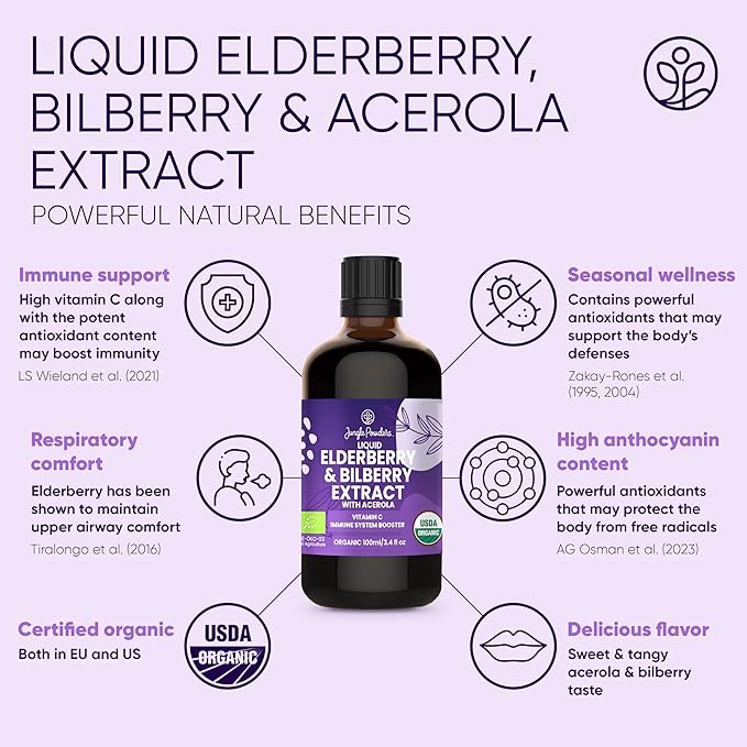 Sambucus Elderberry Immune Support Supplement with Bilberry & Acerola Syrup USDA Organic 3 . 4oz Bottle of Liquid Wild Bilberry Extract for Eyes Alcohol-Free High Bioavailability Anthocyanin Vitamin C