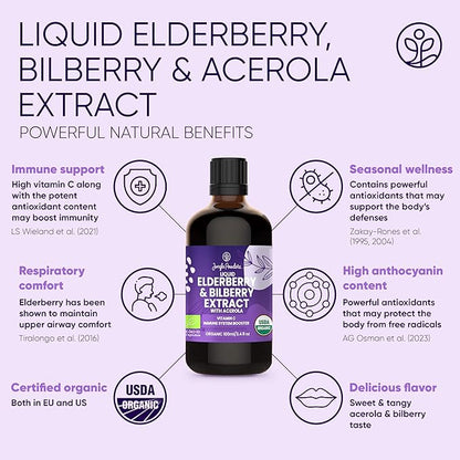 Sambucus Elderberry Immune Support Supplement with Bilberry & Acerola Syrup USDA Organic 3 . 4oz Bottle of Liquid Wild Bilberry Extract for Eyes Alcohol-Free High Bioavailability Anthocyanin Vitamin C
