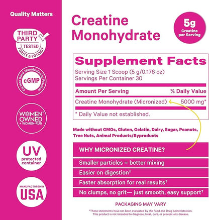Pink Stork 5g Micronized Creatine Monohydrate Powder for Women - Support Muscles, Cellular Energy, Cognitive Function - Essential Amino Acid - Clean Alternative to Pills or Gummies - 30 Servings