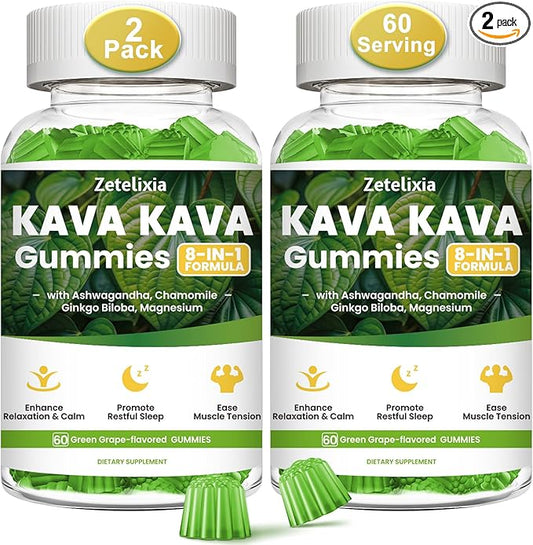 2 Pack Kava Kava Gummies, Kava Kava Root Extract Supplement with Kavalactones, Calm Gummies for Stress Relief & Better Sleep, Kava Supplement for Women & Men, Sugar Free, Vegan, Non-GMO, 120 count