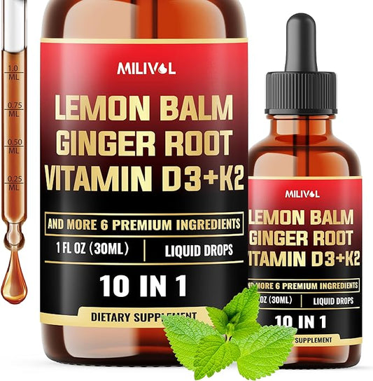 10in1 Lemon Balm Tincture - 3300mg Lemon Balm Leaf Extract Liquid Drops with Ginger Root, Turmeric Liquid, Ceylon Cinnamon, Vitamin D3, K2-1Fl Oz - 60 Servings