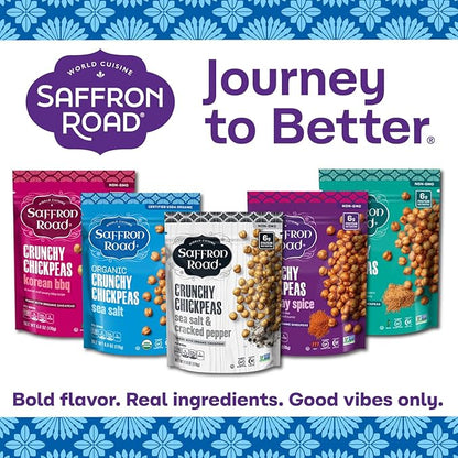 Saffron Road Roasted and Crunchy Sea Salt Chickpeas | High Protein Snacks | Certified Organic, Gluten-free, Vegan, Non-GMO, and Certified Halal and Kosher | 5.4oz Pouch | Pack of 6