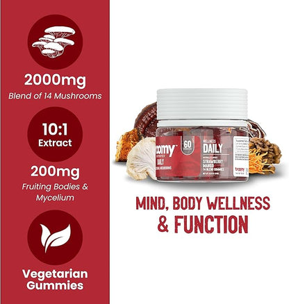 Troomy Daily 14 Mushroom Blend Gummies - Great Tasting Natural Mango Strawberry Flavor, Gelatin-Free, Gluten-Free, Vegetarian - 60 Count