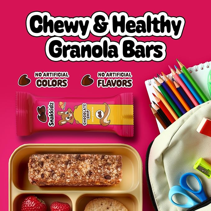 Snakkidz Organic Chewy Granola Bar, Allergen Free, Made with Avocado Oil, Low Sugar (45 Bars, Chocolate Chip)