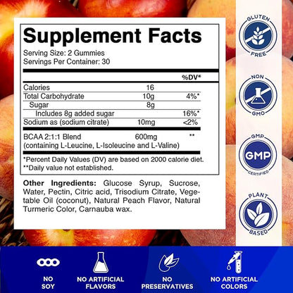 Vitamatic BCAA Gummies - Branch Chain Amino Acid Supplements - Peach Flavor - 600mg per Serving - 60 Vegan Pectin Based Gummies (1 Bottle)
