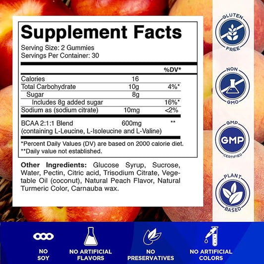 Vitamatic BCAA Gummies - Branch Chain Amino Acid Supplements - Peach Flavor - 600mg per Serving - 60 Vegan Pectin Based Gummies (1 Bottle)