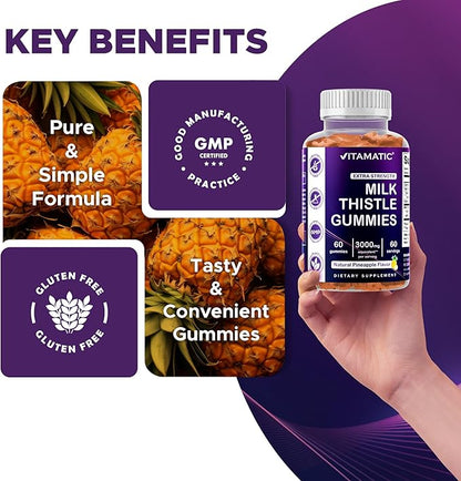 Vitamatic 2 Pack Milk Thistle Gummies- 10000 mg Equivalent Per Serving (from 50:1 Extract 200 mg)- Liver Detox & Anti Oxidant Health - Min. 80% Silymarin Flavonoids - 60 Pectin Based Gummies