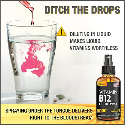 (2 Pack) - Liquid B12 Spray 5000 mcg - Vitamin B12 Sublingual - Vegan B12 Vitamin Spray - Methylcobalamin Vitamin B12 Liquid Boosts Energy & Mood - Gluten-Free & Non-GMO