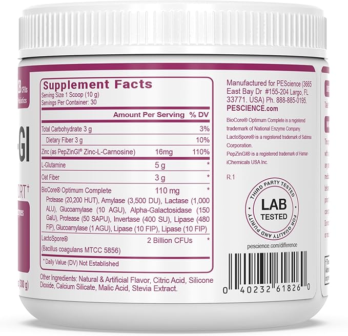 PEScience Complete-GI Gut Health Powder, Probiotics for Women and Men, Digestive Enzymes, Prebiotic Fiber, L Glutamine, Pepzin GI Zinc Carnosine, Raspberry Flavor, 30 Servings