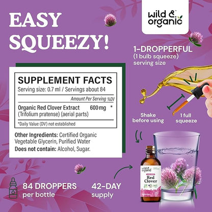 Wild & Organic Red Clover Extract Drops 600 mg - Liquid Red Clover Supplement for Women - 1-Month Supply - Trifolium Pratense Blossom Tincture - Vegan, Sugar & Alcohol-Free - 2 fl oz