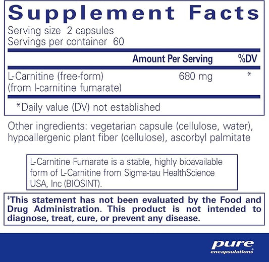 Pure Encapsulations L-Carnitine Fumarate | Hypoallergenic Supplement Support for Enhanced Muscle | 120 Capsules