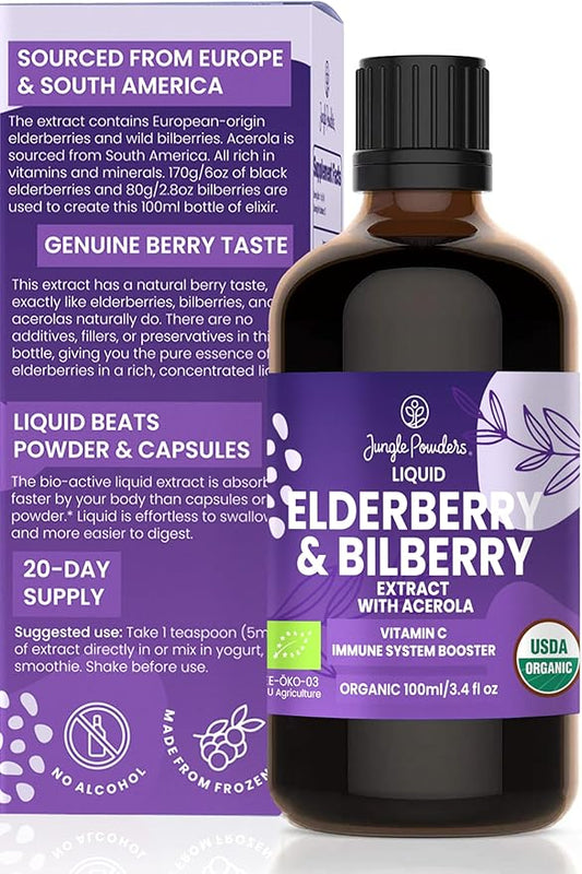 Sambucus Elderberry Immune Support Supplement with Bilberry & Acerola Syrup USDA Organic 3 . 4oz Bottle of Liquid Wild Bilberry Extract for Eyes Alcohol-Free High Bioavailability Anthocyanin Vitamin C