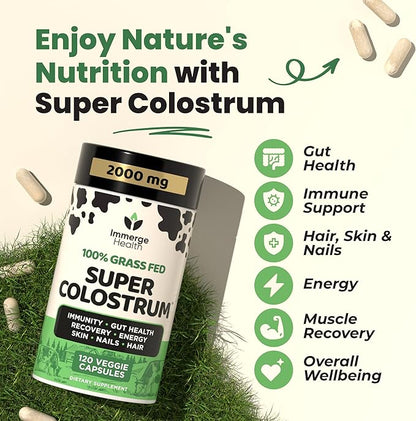 Super Colostrum Grass Fed Bovine Colostrum - 120 Capsules - Gut Health, Muscle Recovery, Energy, Hair, Skin & Immune Supplement | 50% IgG Cow Colostrum for Humans | Superfood, Gluten Free, Unflavored