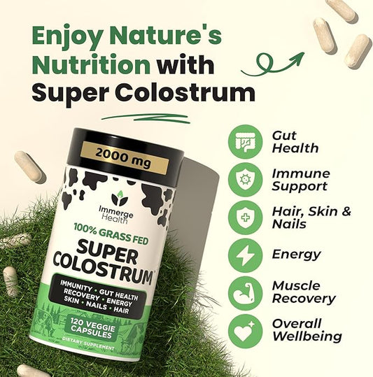 Super Colostrum Grass Fed Bovine Colostrum - 120 Capsules - Gut Health, Muscle Recovery, Energy, Hair, Skin & Immune Supplement | 50% IgG Cow Colostrum for Humans | Superfood, Gluten Free, Unflavored