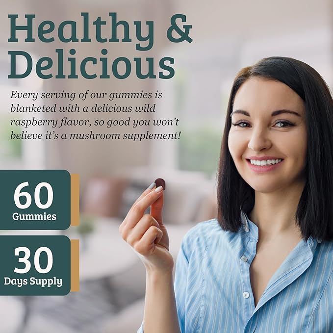 All-in-One Mushroom Gummy Supplements for Focus, Energy, Mood & Immune Support – 10 Functional Mushrooms (Lion’s Mane, Reishi, Cordyceps, Chaga) | Wild Raspberry Flavor, 60ct