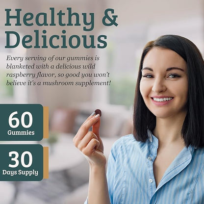All-in-One Mushroom Gummy Supplements for Focus, Energy, Mood & Immune Support – 10 Functional Mushrooms (Lion’s Mane, Reishi, Cordyceps, Chaga) | Wild Raspberry Flavor, 60ct