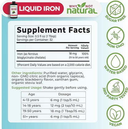Why Not Natural Liquid Iron Supplement for Women, Men and Kids, Vegan Formulation for Anemia, Sugar Free, Vegan, Non-GMO, Organic BlackBerry Flavor 16 Fl Oz