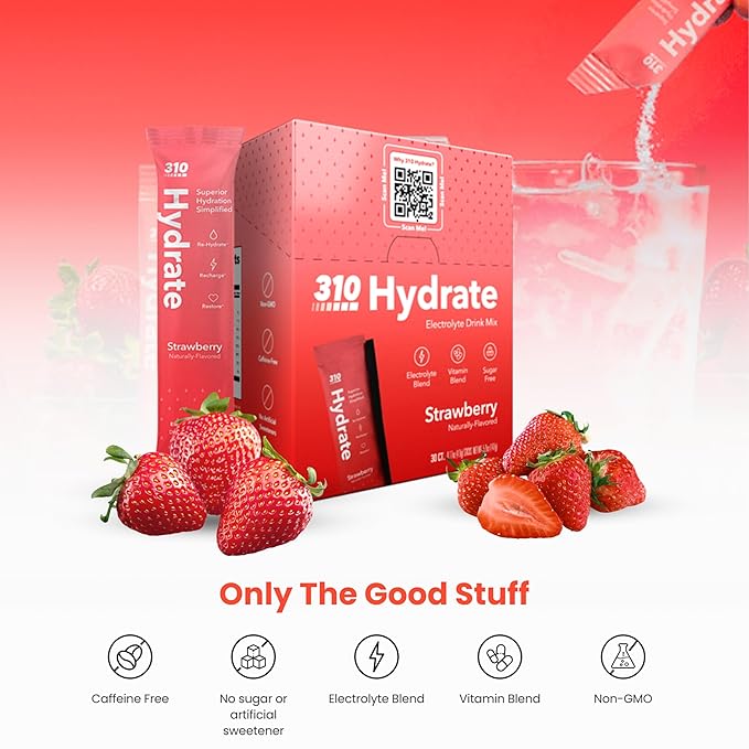 310 Hydrate Electrolytes Powder Packets - No Sugar Hydration Packets with Key Vitamins & Minerals - Keto Friendly - Tasty Sugar Free Electrolyte Drink - 30 Single Servings - Strawberry