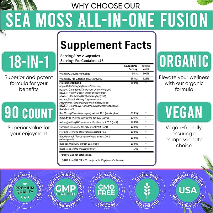 Adndale Sea Moss Black Seed Oil Ashwagandha Ginger Capsules, Sea Moss Capsules with Black Seed Oil, Ashwagandha, Turmeric, Moringa, Bladderwrack, Burdock Root, Manuka Honey, Cinnamon, 180 Count