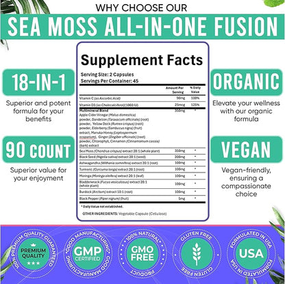 Adndale Sea Moss Black Seed Oil Ashwagandha Ginger Capsules, Sea Moss Capsules with Black Seed Oil, Ashwagandha, Turmeric, Moringa, Bladderwrack, Burdock Root, Manuka Honey, Cinnamon, 180 Count