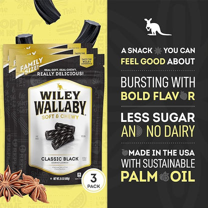 Wiley Wallaby Licorice 24 Ounce Classic Gourmet Soft & Chewy Australian Black Licorice Candy Twists, 3 Pack