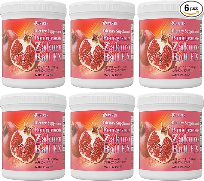 Umeken Pomegranate Balls, Chewable Supplement with Natural Vitamins, Minerals, Citric Acids & Tannins, Japanese Pomegranate Supplements for Women, 1 Year Supply, 360 Count Bottle, Pack of 6
