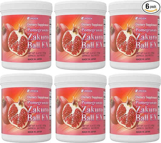 Umeken Pomegranate Balls, Chewable Supplement with Natural Vitamins, Minerals, Citric Acids & Tannins, Japanese Pomegranate Supplements for Women, 1 Year Supply, 360 Count Bottle, Pack of 6