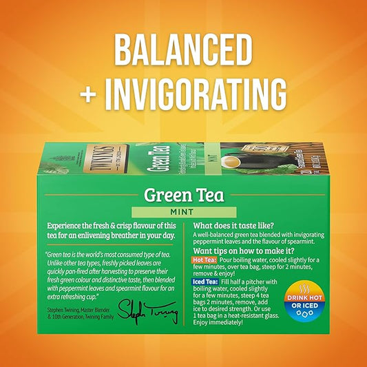 Twinings Green Tea with Mint Individually Wrapped Bags, 20 Count (Pack of 1), Invigorating Aroma, Caffeinated, Enjoy Hot or Iced, 20 Teabags