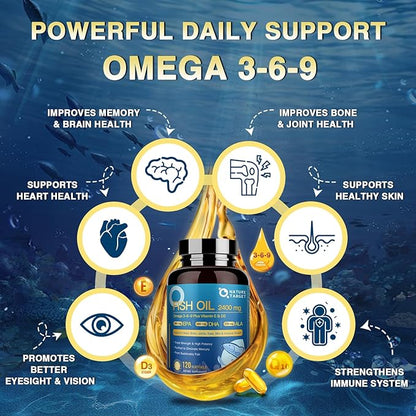 NATURE TARGET Triple Omega 3 6 9, Fish Oil 2400mg Softgels with Vitamin D3 & E - EPA & DHA & ALA - Supports Heart, Brain, Joint & Immune Health, Sustainably Sourced, Non-GMO