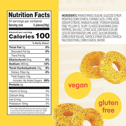 Snak Club Tajin Mango Rings Gummy Candy, Fruit Candy Gummies with Chili and Lime Seasoning, Mild, Gluten-Free and Vegan Snacks, 24 oz Resealable Bag