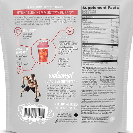 Sunwarrior Hydration Powder Electrolyte Packets Powder | Strawberry Colada Flavored | 18 Stick Packs 126g Pouch | Vegan and Plant-Based Sugar Free | B12 Elderberry and Electrolytes | Active Hydration