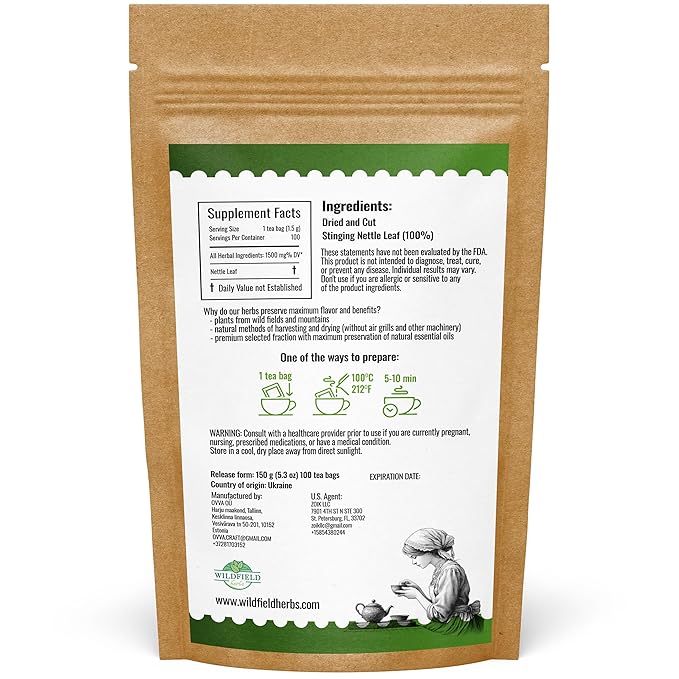 100 Bags Nettle Leaf Tea Ortiga Dried Nettle Herb Planta Bulk (Urtica Dioica) - 100 Count 1.5g Tea Bags Herb Hojas De Ortiga