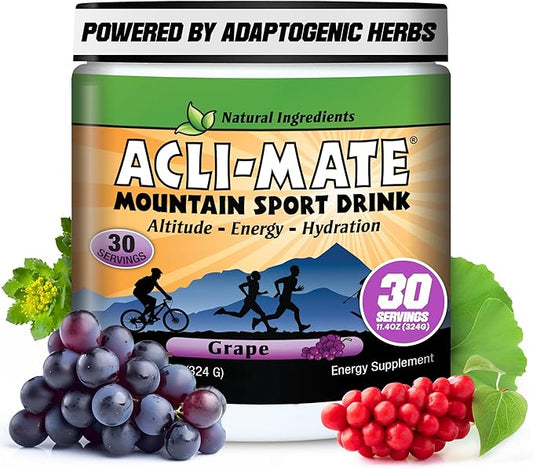 Acli-Mate Mountain Sport Drink Mix - Energy Powder Supplement - High Altitude Acclimatization Hydration - Recovery Drink for Running, Cycling, Hiking, Workout, Skiing, Travel & More - 1 Tub (Grape)