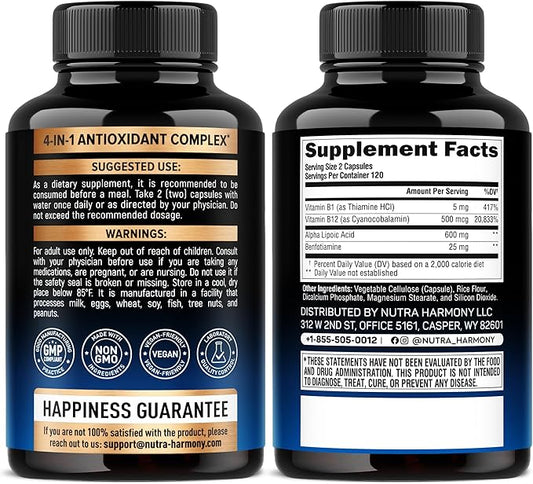 Alpha Lipoic Acid 600mg - ALA Supplement Antioxidant for Nerve, Energy & Metabolism Support - Extra Strength with Benfotiamine, Vitamins B1 & B12 - Lab Tested, Non-GMO & Vegan - 240 Capsules