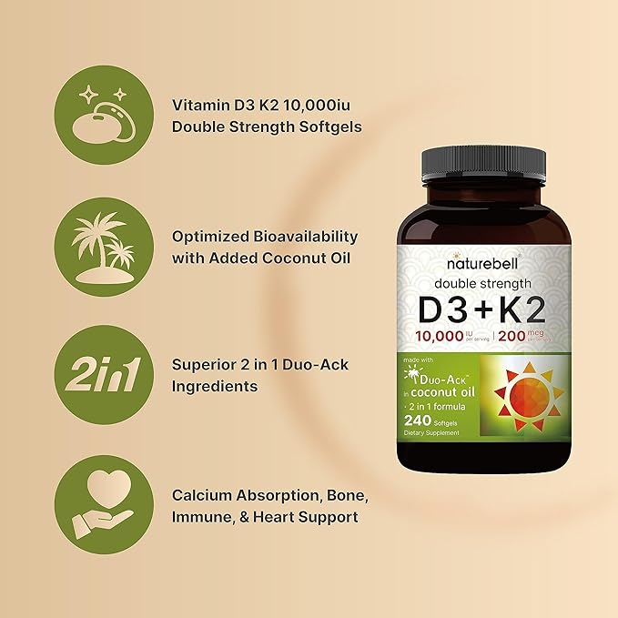 NatureBell Vitamin D3 10,000 IU + K2 200 mcg, 240 Softgels | Daily High Potency Formula with Coconut Oil | Bone, Heart & Immune Support | MK-7 Form | Non-GMO
