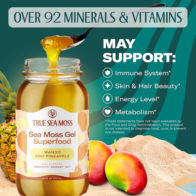 TrueSeaMoss Sea Moss Gel – Made in USA – Wildcrafted Seamoss, Fresh Fruits & Sea Vegetables – Mango/Pineapple, Pack of 2 (Labels may Vary)